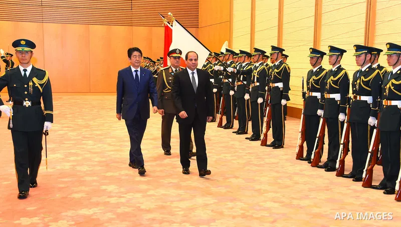 Egyptian President Abdel Fattah al-Sisi meets with Japanese Prime Minister Shinzo Abe at Abe's official residence in Tokyo, Japan, 29 February 2016. Egyptian President Abdel Fattah al-Sisi is currently on a four-day visi...