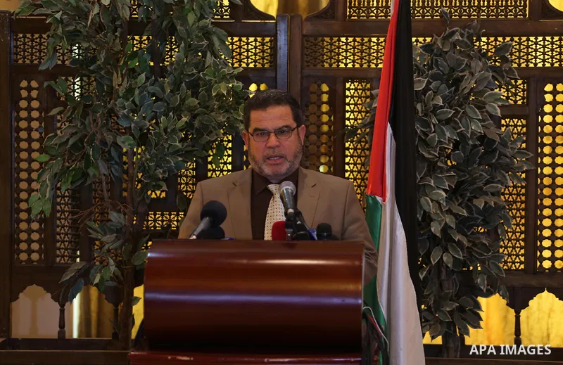 Senior Hamas leader Salah El-Bardawil, speaks during a press conference, in Gaza city on March 7, 2016. Photo by Mohammed Asad