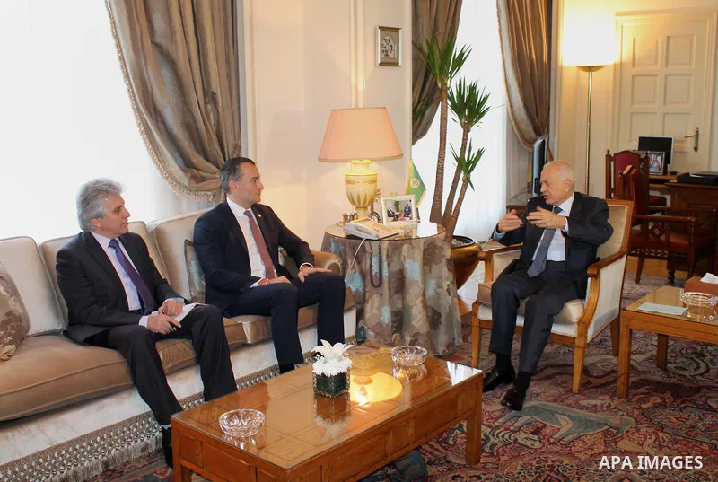 Secretary-General of the Arab League, Nabil Elaraby, meets with Special Coordinator of the United Nations for the peace process in the Middle East, in Cairo, Egypt, on March 9, 2016. Photo by Stringer