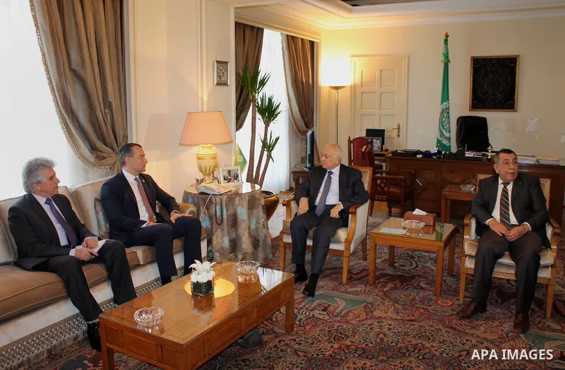 Secretary-General of the Arab League, Nabil Elaraby, meets with Special Coordinator of the United Nations for the peace process in the Middle East, in Cairo, Egypt, on March 9, 2016. Photo by Stringer