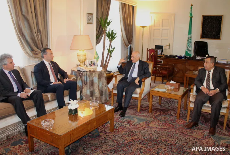 Secretary-General of the Arab League, Nabil Elaraby, meets with Special Coordinator of the United Nations for the peace process in the Middle East, in Cairo, Egypt, on March 9, 2016. Photo by Stringer