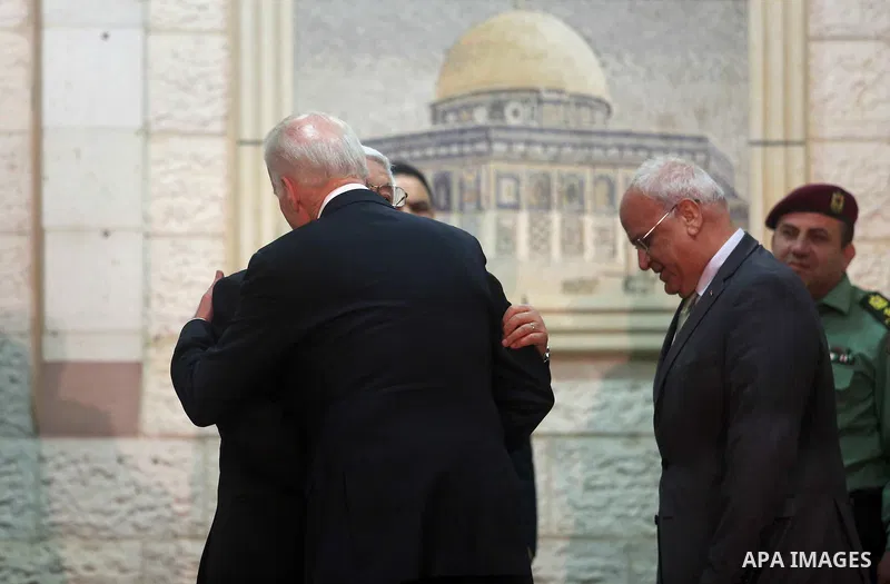 U.S. Vice Presicent Joe Biden and Palestinian President Mahmoud Abbas meet in the presidential compound in Ramallah, West Bank, March 9, 2016. Photo by Shadi Hatem
