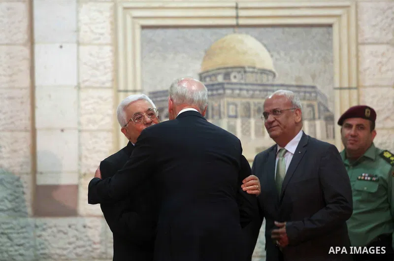 U.S. Vice Presicent Joe Biden and Palestinian President Mahmoud Abbas meet in the presidential compound in Ramallah, West Bank, March 9, 2016. Photo by Shadi Hatem