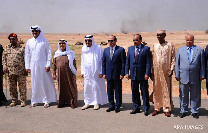 Egyptian President Abdel Fattah al-Sisi attend watches military exercises code named North Thunder with Saudi King Salman in Hafr Al-Baten, Saudi Arabia on March 10, 2016. Photo by Egyptian President Office