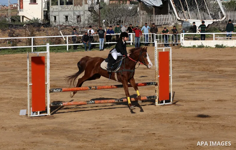 A Palestinian rider clears a jump with his horse during a jumping competition in Gaza city on March 11, 2016. Photo by Mohammed Asad