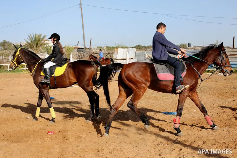 Palestinian horse riders take part in a jumping competition in Gaza city on March 11, 2016. Photo by Mohammed Asad