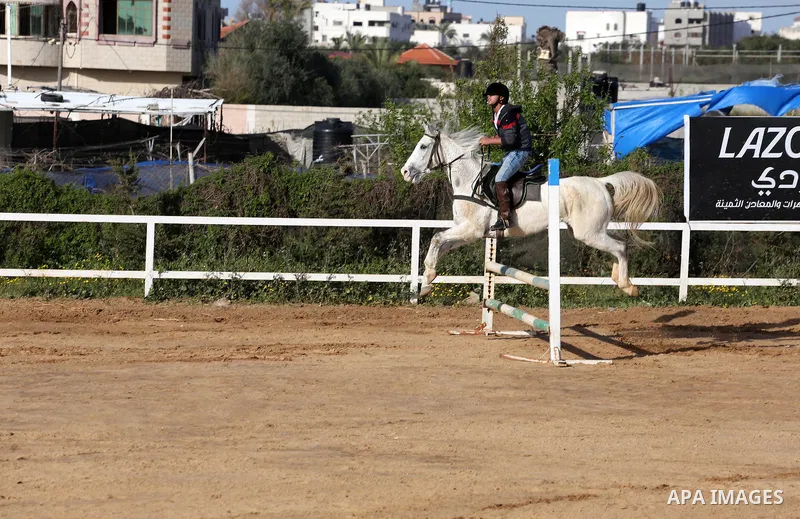 A Palestinian rider clears a jump with his horse during a jumping competition in Gaza city on March 11, 2016. Photo by Mohammed Asad