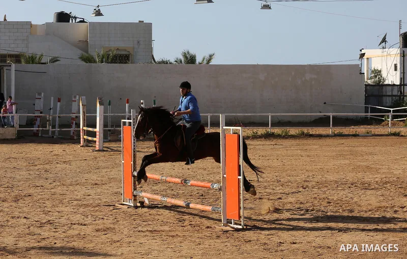 A Palestinian rider clears a jump with his horse during a jumping competition in Gaza city on March 11, 2016. Photo by Mohammed Asad