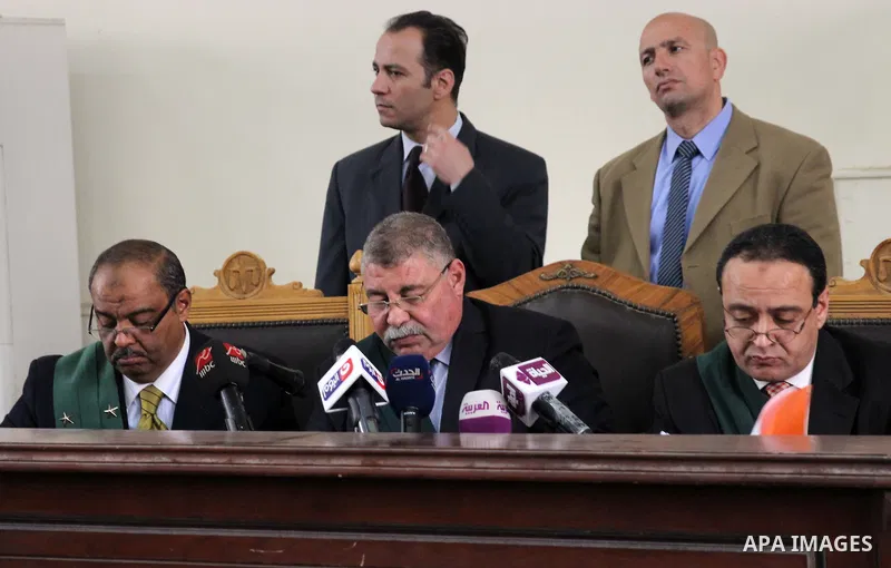 Egyptian judges attend the trial of Egyptian former interior minister Habib al-Adly on the charges of corruption, in Cairo, Egypt on March 13, 2016. Habib al-Adly served as interior minister of Egypt from 1997 to 2011, h...