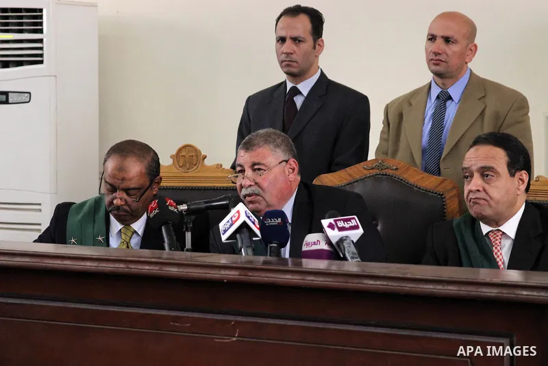Egyptian judges attend the trial of Egyptian former interior minister Habib al-Adly on the charges of corruption, in Cairo, Egypt on March 13, 2016. Habib al-Adly served as interior minister of Egypt from 1997 to 2011, h...