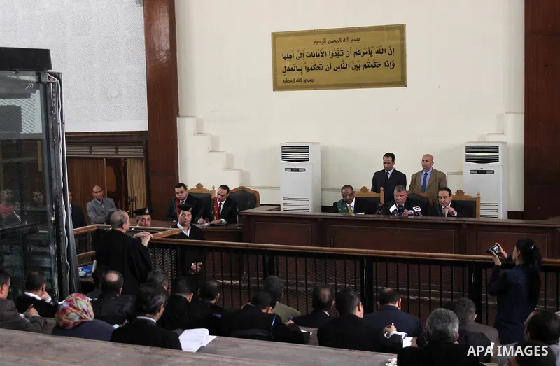 Egyptian judges attend the trial of Egyptian former interior minister Habib al-Adly on the charges of corruption, in Cairo, Egypt on March 13, 2016. Habib al-Adly served as interior minister of Egypt from 1997 to 2011, h...