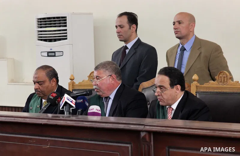 Egyptian judges attend the trial of Egyptian former interior minister Habib al-Adly on the charges of corruption, in Cairo, Egypt on March 13, 2016. Habib al-Adly served as interior minister of Egypt from 1997 to 2011, h...