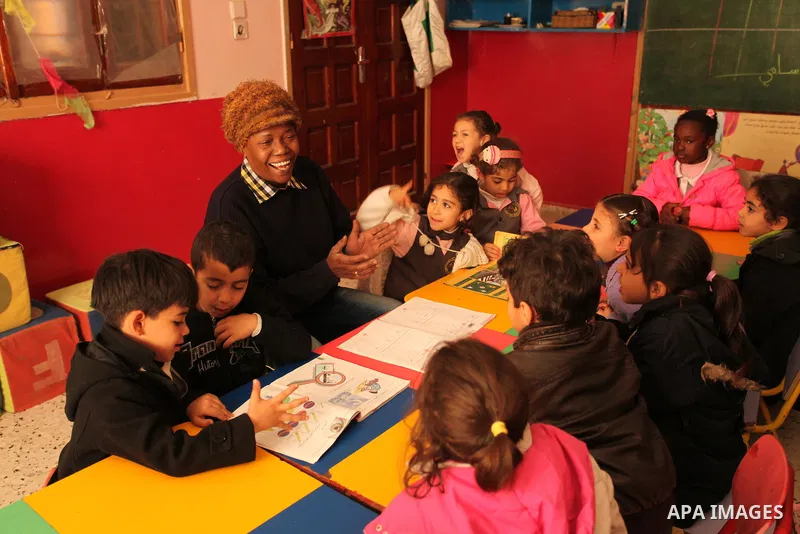 Salwa Sorour learns children inside a kindergarten in Gaza City, on March 16, 2016. 40-year-old Salwa Sorour is the only woman who drives a kindergarten mini-van to transport children in the Gaza Strip. The Palestinian C...
