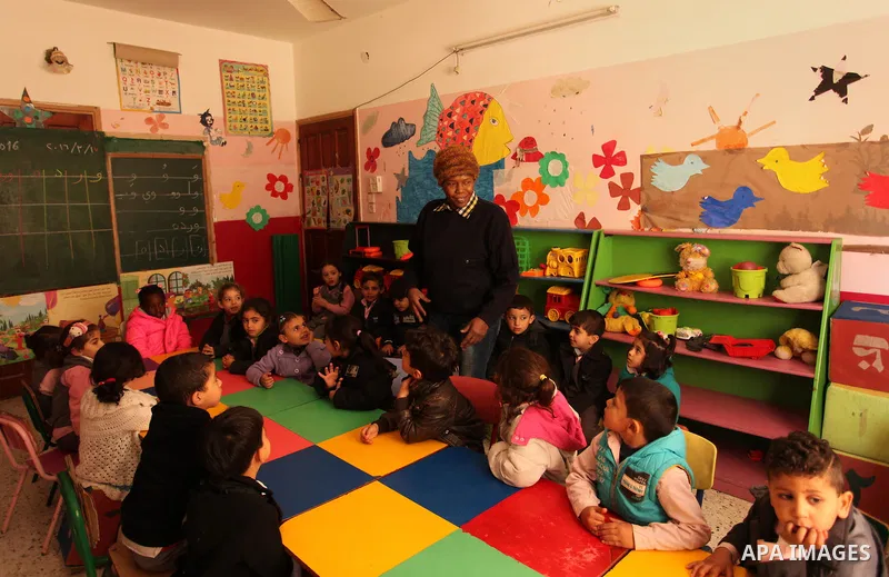 Salwa Sorour learns children inside a kindergarten in Gaza City, on March 16, 2016. 40-year-old Salwa Sorour is the only woman who drives a kindergarten mini-van to transport children in the Gaza Strip. The Palestinian C...