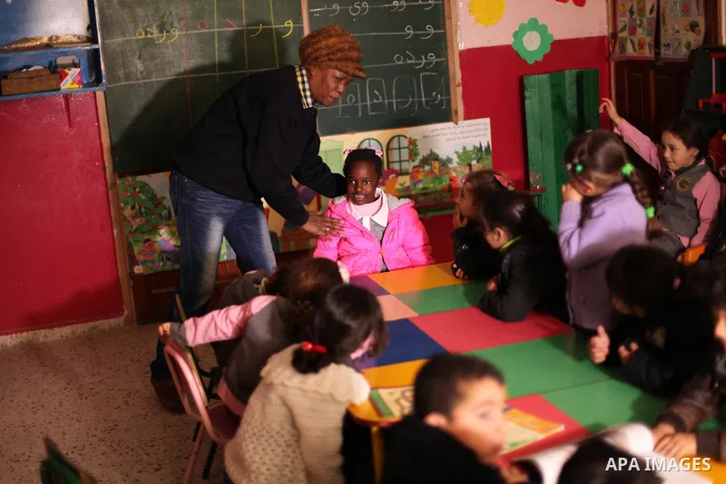Salwa Sorour learns children inside a kindergarten in Gaza City, on March 16, 2016. 40-year-old Salwa Sorour is the only woman who drives a kindergarten mini-van to transport children in the Gaza Strip. The Palestinian C...