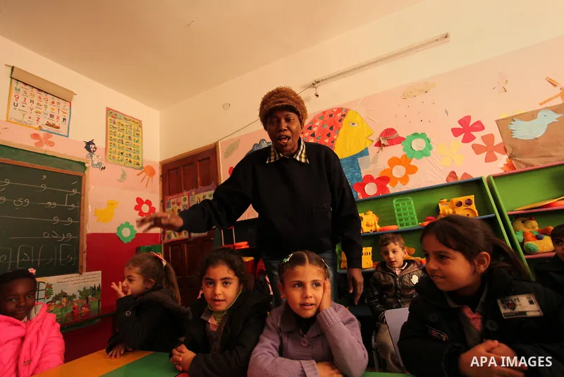 Salwa Sorour learns children inside a kindergarten in Gaza City, on March 16, 2016. 40-year-old Salwa Sorour is the only woman who drives a kindergarten mini-van to transport children in the Gaza Strip. The Palestinian C...
