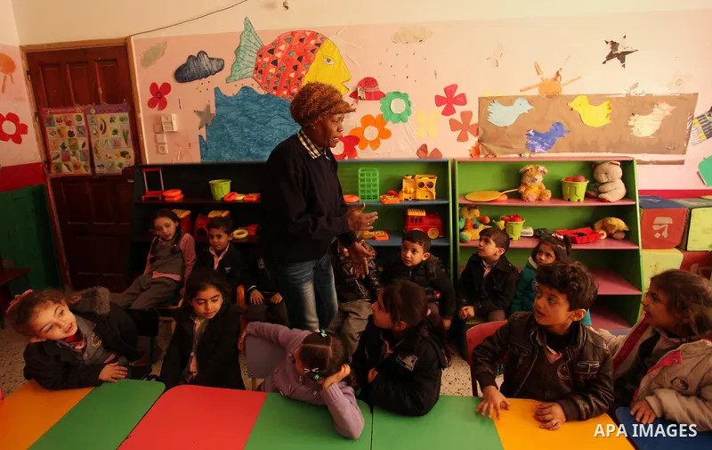 Salwa Sorour learns children inside a kindergarten in Gaza City, on March 16, 2016. 40-year-old Salwa Sorour is the only woman who drives a kindergarten mini-van to transport children in the Gaza Strip. The Palestinian C...