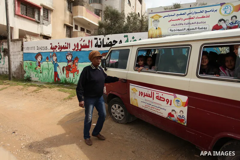Salwa Sorour drives her mini-van in Gaza City on March 16, 2016. 40-year-old Salwa Sorour is the only woman who drives a kindergarten mini-van to transport children in the Gaza Strip. The Palestinian Central Bureau of St...