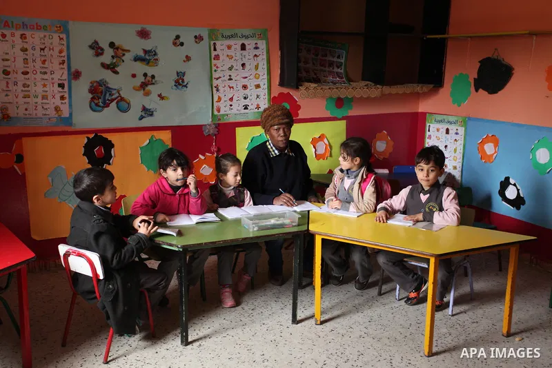 Salwa Sorour learns children inside a kindergarten in Gaza City, on March 16, 2016. 40-year-old Salwa Sorour is the only woman who drives a kindergarten mini-van to transport children in the Gaza Strip. The Palestinian C...