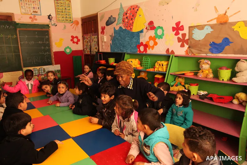 Salwa Sorour learns children inside a kindergarten in Gaza City, on March 16, 2016. 40-year-old Salwa Sorour is the only woman who drives a kindergarten mini-van to transport children in the Gaza Strip. The Palestinian C...