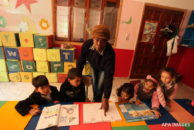 Salwa Sorour learns children inside a kindergarten in Gaza City, on March 16, 2016. 40-year-old Salwa Sorour is the only woman who drives a kindergarten mini-van to transport children in the Gaza Strip. The Palestinian C...