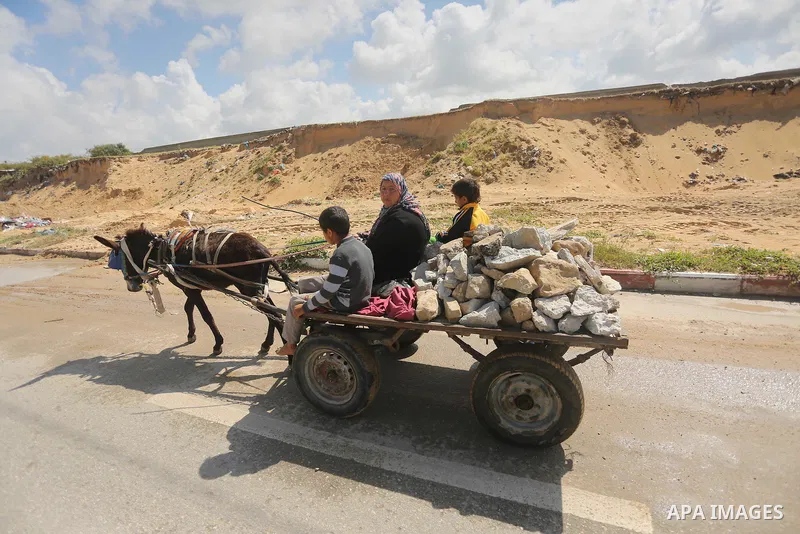 Palestinian woman Jihan Abu Muhsen rides her donkey-drawn cart as she collects bricks for sale from the sites of demolished buildings in Khan Younis in the southern Gaza Strip March 17, 2016. Abu Muhsen gathers bricks fr...