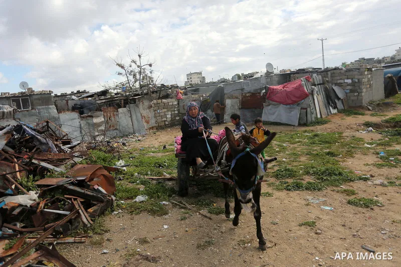 Palestinian woman Jihan Abu Muhsen prepares her donkey with her son Kareem before going work collecting bricks for sale from sites of demolished buildings, at her dwelling in Khan Younis in the southern Gaza Strip March...