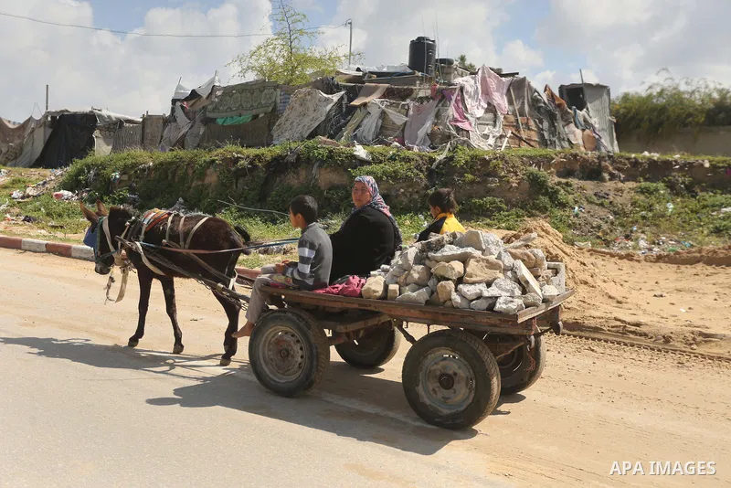 Palestinian woman Jihan Abu Muhsen rides her donkey-drawn cart as she collects bricks for sale from the sites of demolished buildings in Khan Younis in the southern Gaza Strip March 17, 2016. Abu Muhsen gathers bricks fr...