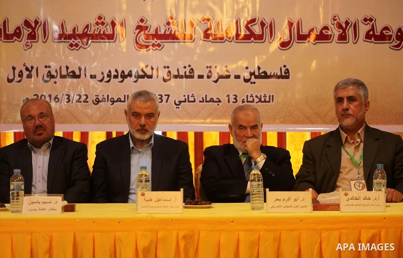 Senior Hamas leader Ismail Haniya attends a ceremony Book sinning for Hamas founder the martyr, Ahmed Yaseen in 12th anniversary for his assassination in Gaza City on March 22, 2016. Photo by Ashraf Amra