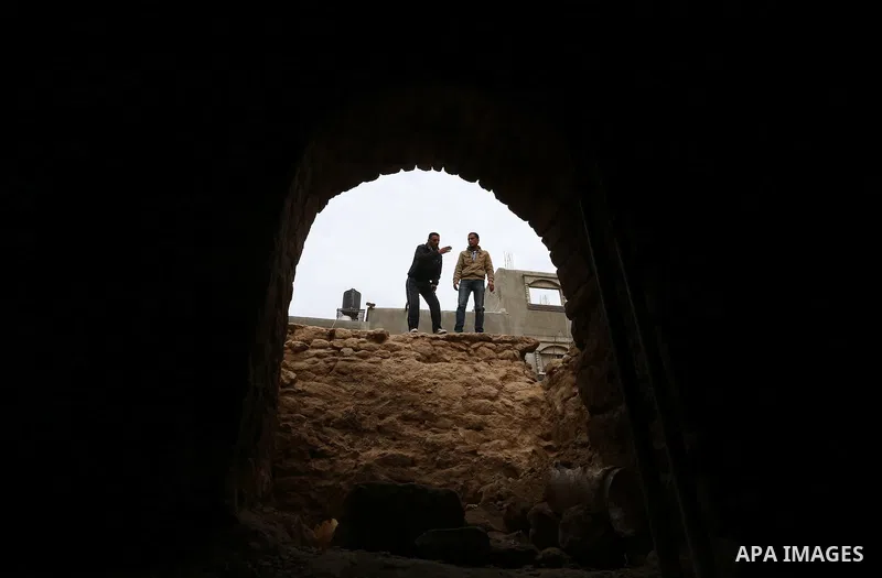 Palestinian workers renovate the archaeological Maqam Al-Khader, in Deir al-Balah, central Gaza on March 24, 2016. Maqam Al-Kader is one of the monuments of the city of Deir al-Balah, the Ministry of Tourism and Antiquit...