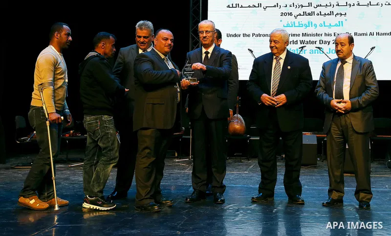 Palestinian Prime Minister, Rami Hamdallah, attends a celebrate of World Water Day, in the West Bank city Ramallah, on March 24, 2016. Photo by Prime Minister Office