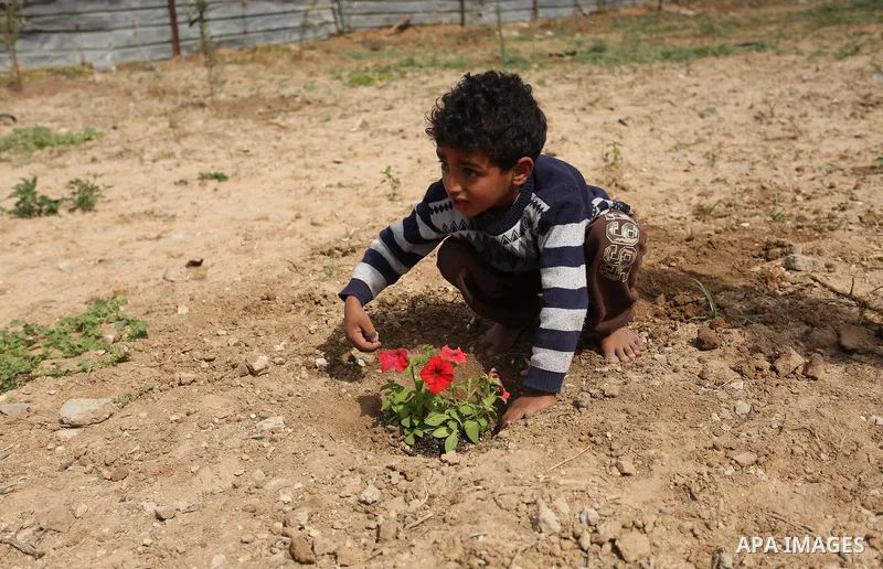 Palestinian children are grown roses during a rally demanding to reconstruction of their homes which destroyed during 2014 war in Shejaiya neighborhood in Gaza city, on March 24, 2016. Photo by Ashraf Amra