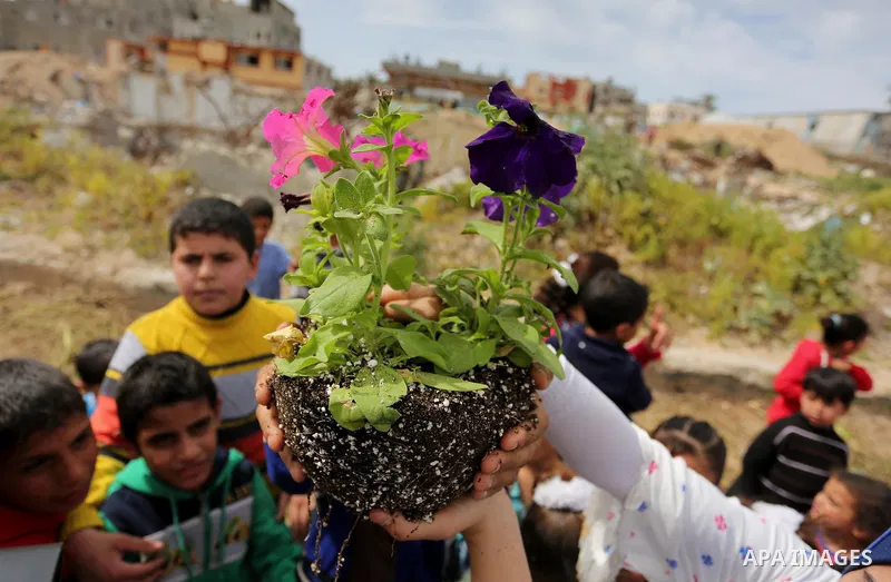 Palestinian children are grown roses during a rally demanding to reconstruction of their homes which destroyed during 2014 war in Shejaiya neighborhood in Gaza city, on March 24, 2016. Photo by Ashraf Amra