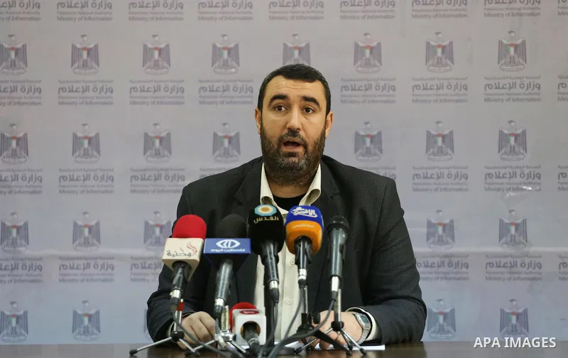 A spokesman for Transport Minister Khalil Al-zayan, speaks during a press conference, in Gaza city, on March 27, 2016. Photo by Mohammed Asad