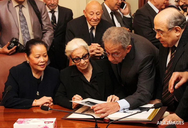 Leai Boutros-Ghali participates in a memorial service for her husband Boutros Boutros-Ghali the former UN secretary-general at British university in Cairo, Egypt, on March 27, 2016. Photo by Amr Sayed