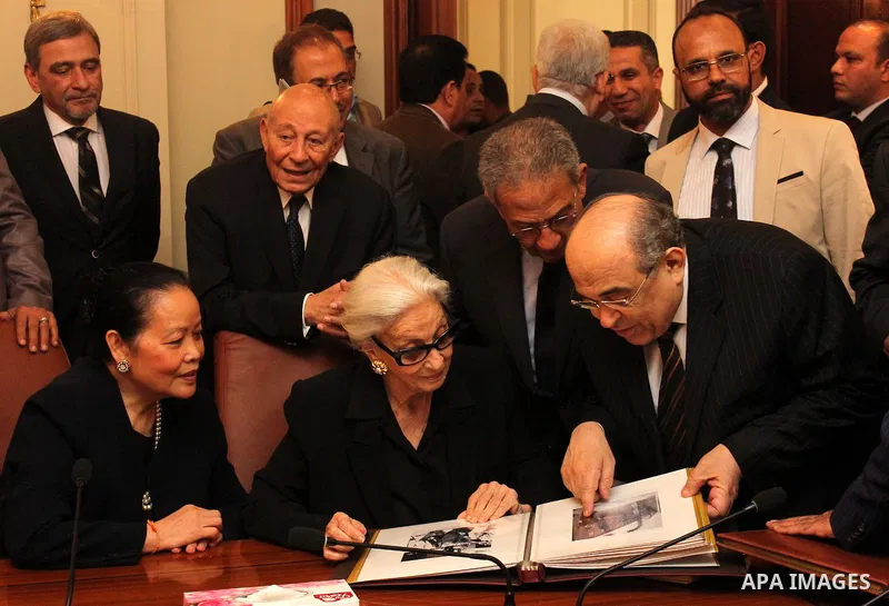 Leai Boutros-Ghali participates in a memorial service for her husband Boutros Boutros-Ghali the former UN secretary-general at British university in Cairo, Egypt, on March 27, 2016. Photo by Amr Sayed