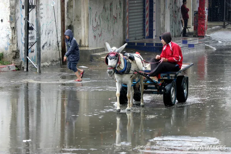 Palestinians walk in a flooded street during a rainy day, in Rafah in the southern Gaza strip on March 28, 2016. Photo by Abed Rahim Khatib