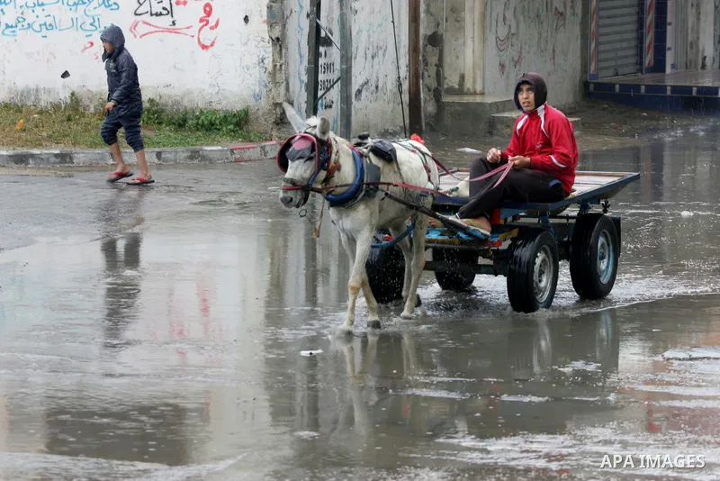 Palestinians walk in a flooded street during a rainy day, in Rafah in the southern Gaza strip on March 28, 2016. Photo by Abed Rahim Khatib