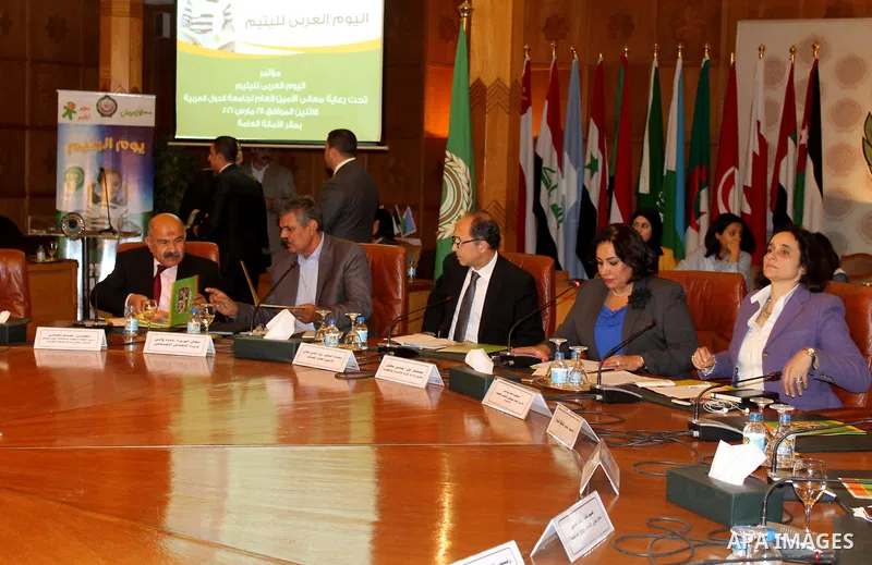 Representatives of the member states of the League of Arab States attend the meeting to mark the Arabian's day of orphan at the Arab League headquarters, in Cairo, Egypt on March 29, 2016. Photo by Stranger