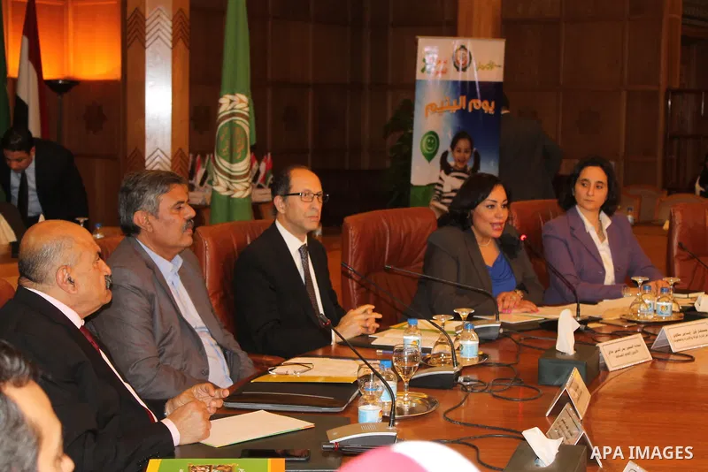 Representatives of the member states of the League of Arab States attend the meeting to mark the Arabian's day of orphan at the Arab League headquarters, in Cairo, Egypt on March 29, 2016. Photo by Stranger