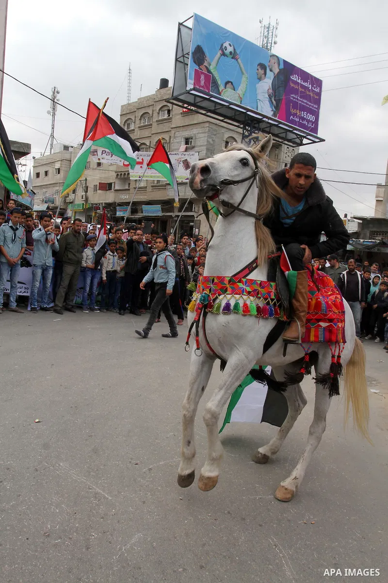 A Palesitnian man rides a hourse to mark Land Day on March 30, 2016, in Khan Yunis, in the southern Gaza Strip, as Palestinians mark Land Day. March 30 marks Land Day, the annual commemorations of the killing by police o...