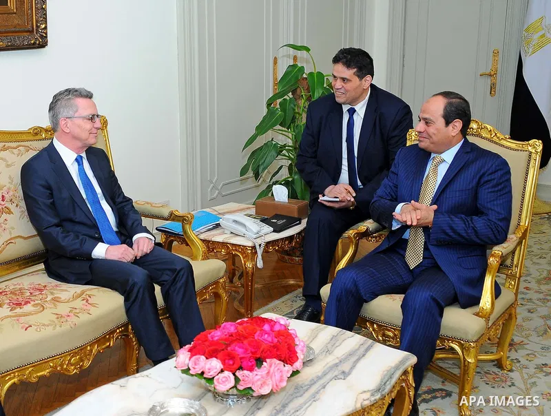 Egyptian President Abdel Fattah al-Sisi meets with German Interior Minister in Cairo, Egypt on March 30, 2016. Photo by Egyptian President Office