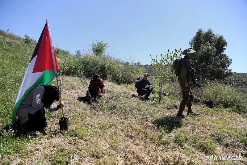 Palestinian protesters wave national flags in front of Israeli security forces during clashes following a march against Palestinian land confiscation on April 1, 2016 in the West Bank village of Nabi Saleh near Ramallah....