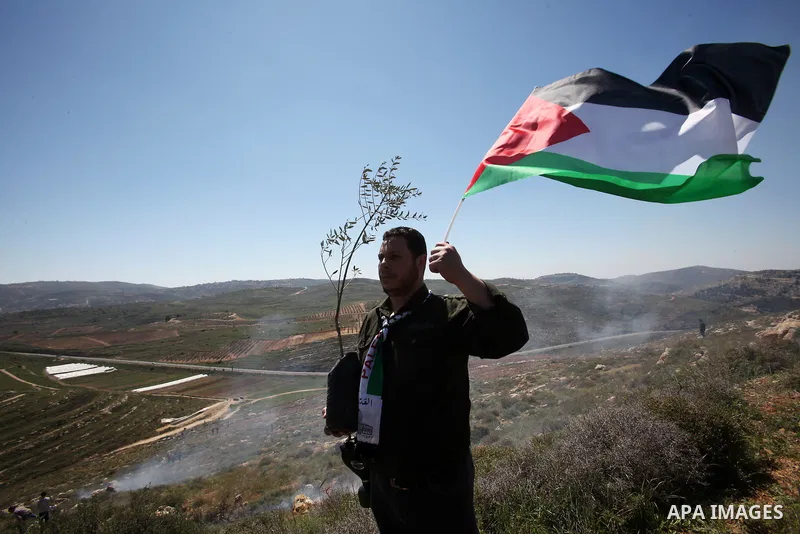 A Palestinian protester waves a national flag during clashes with Israeli security forces following a demonstration against Jewish settlements in the West Bank village of Qaryout near Nablus on April 01, 2016. Photo by N...