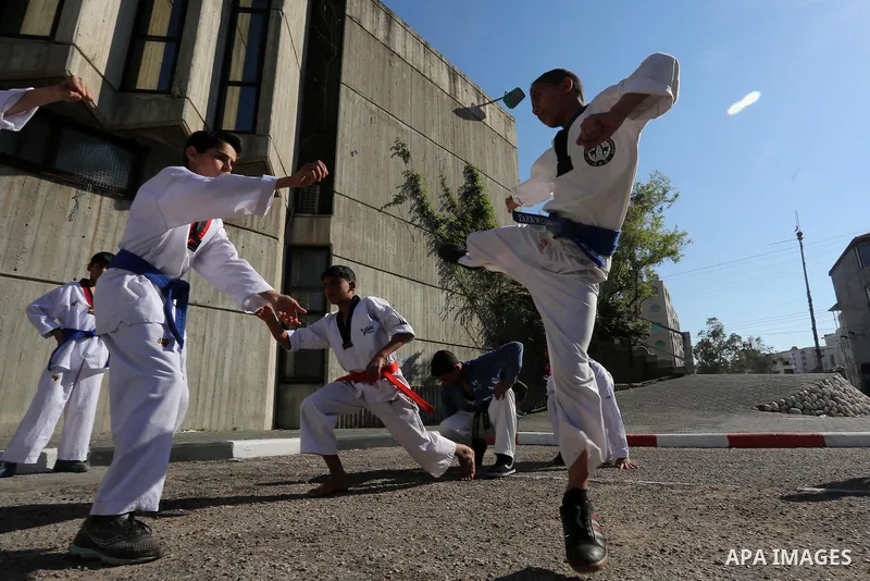 Palestinians perform Karate during a cultural carnival organized by Gaza Municipality in Gaza City April 1, 2016. Photo by Mohammed Asad