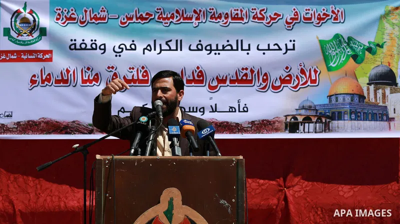 Mushir Al Masri, a Hamas MP and media spokesman speaks during a rally marking Land Day, near Eriz crossing in the northern Gaza Strip, on April 2, 2016. Photo by Yasser Qudih