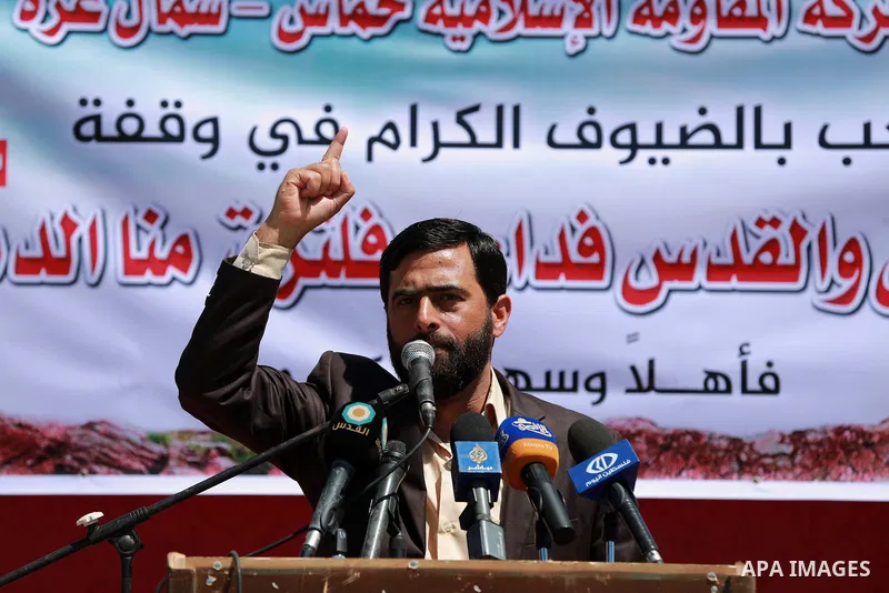 Mushir Al Masri, a Hamas MP and media spokesman speaks during a rally marking Land Day, near Eriz crossing in the northern Gaza Strip, on April 2, 2016. Photo by Yasser Qudih