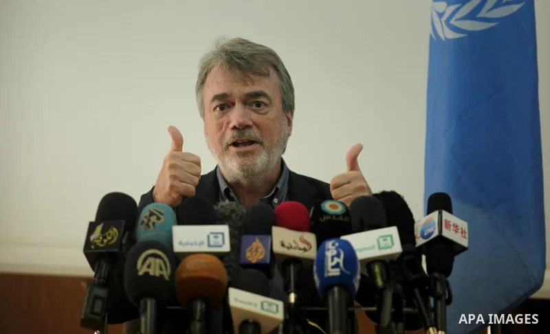 Director of UNRWA operations in Gaza Bo Shack, speaks during a press conference, in Gaza city, on April 3, 2016. Photo by Ashraf Amra