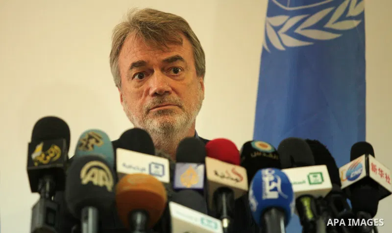 Director of UNRWA operations in Gaza Bo Shack, speaks during a press conference, in Gaza city, on April 3, 2016. Photo by Ashraf Amra