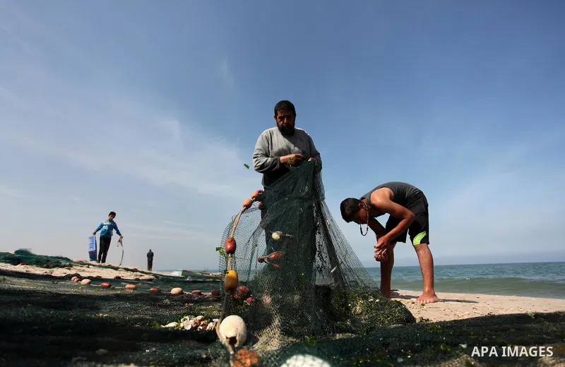 Palestinian fishermen collect fish from their nets at the beach in Gaza City on April 03, 2016. Israel on Sunday extended the distance it permits Gaza fishermen to head out to sea along certain parts of the coastline of...